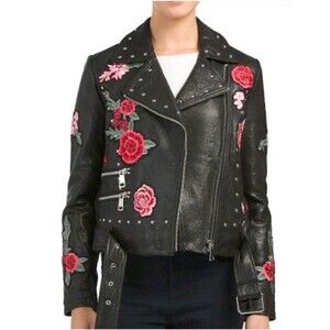 Belle Vere Moto Biker Black  Leather Floral Embroidered Studded Jacket Size XS